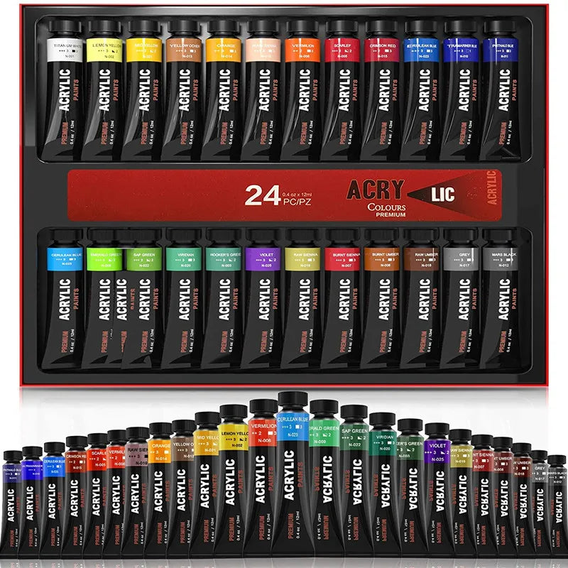 Professional Acrylic Paint Set 12/24 Colors 12ml/Tube Fabric Paint Waterproof Pigment Painting Set With Brush&Palette