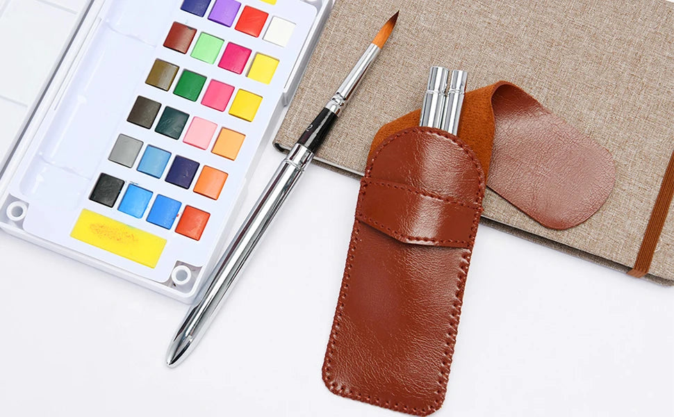 Travel Watercolor Brushes, Round Extra Long Synthetic Sable Pocket Paint Brushes with Protective Case Handle