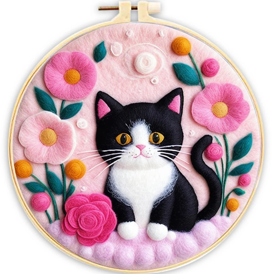 1 Pack Flowers Cat Pattern Diy Needle Felting Kit With Embroidery Hoop Complete Wool Craft Set With Tools Wool Craft Set Artwork