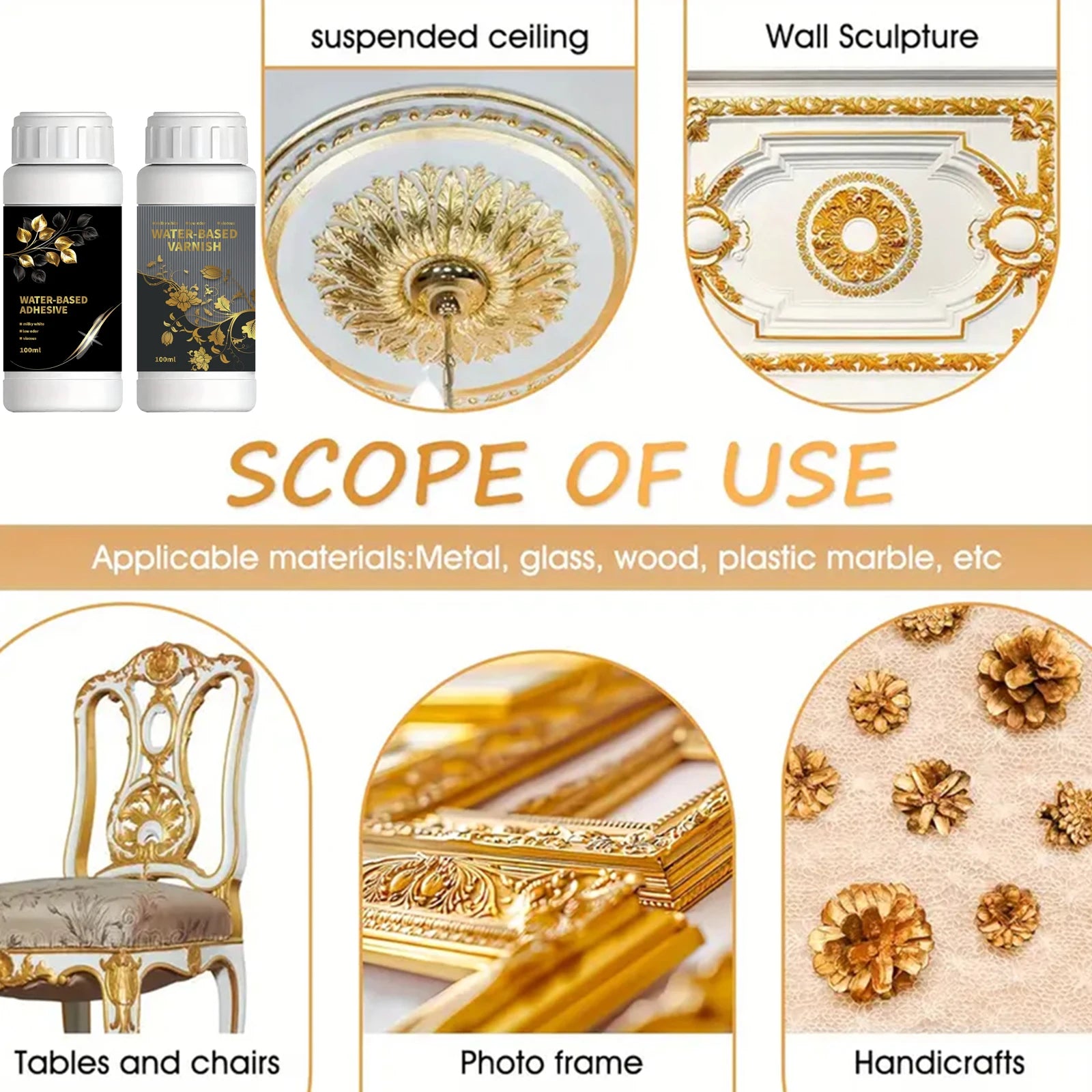 100ml/200ml Golden Leaf Gilding Adhesive Kit - Water-Based Epoxy Resin Glue for Metal Foil, Crafts & Jewelry Making on Wood, Gla