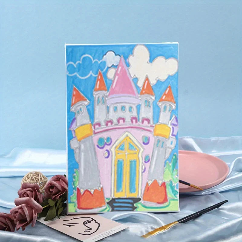 Canvas Paint Set with Paint Tools DIY Painting Kit with Pre-Drawn Canvas + Mini Wooden Stands Kids School Children's Day Gifts