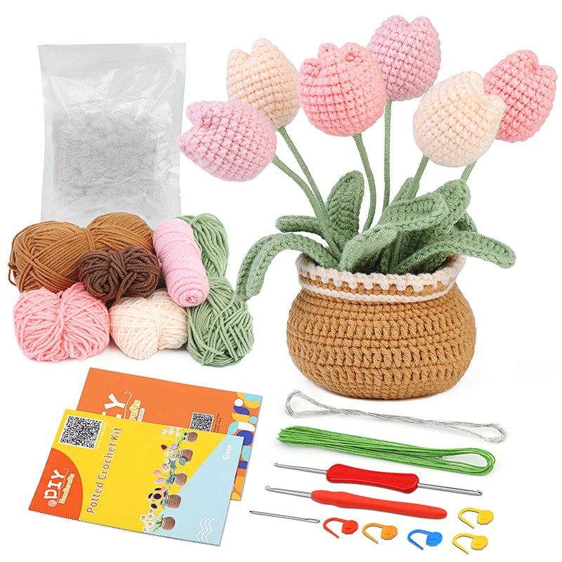 KRABALL Crochet Flower Kit for Beginners With Instruction Knitting Yarn Thread Hook Needles Easy Knit Accessories Set DIY Craft