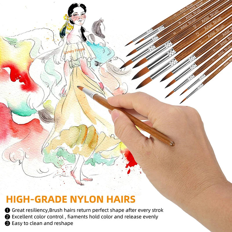 Premium 12-Piece Artist Paint Brush Set - Ultra-Durable Nylon Bristles for Acrylic, Watercolor, Oil & Body Painting