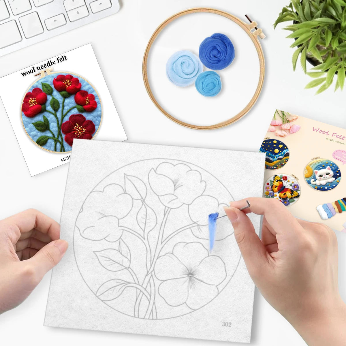 1 Pack Flowers Cat Pattern Diy Needle Felting Kit With Embroidery Hoop Complete Wool Craft Set With Tools Wool Craft Set Artwork