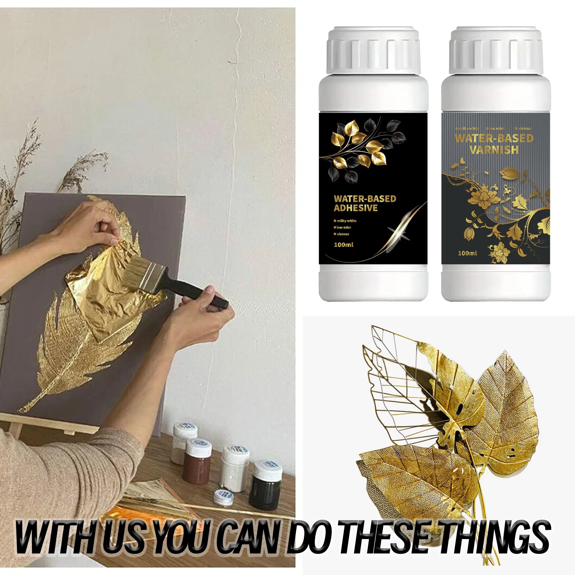 100ml/200ml Golden Leaf Gilding Adhesive Kit - Water-Based Epoxy Resin Glue for Metal Foil, Crafts & Jewelry Making on Wood, Gla