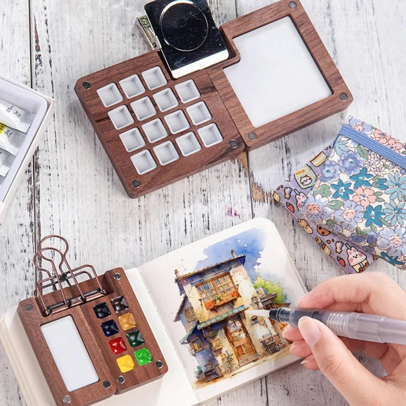 Portable Artistic Palette in Walnut Wood for Watercolor Painting with Clip and Paint Box.
