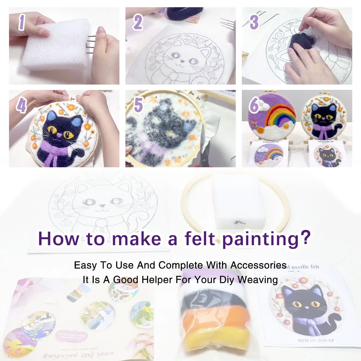 1 Pack Flowers Cat Pattern Diy Needle Felting Kit With Embroidery Hoop Complete Wool Craft Set With Tools Wool Craft Set Artwork