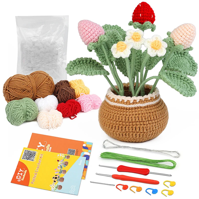 KRABALL Crochet Flower Kit for Beginners With Instruction Knitting Yarn Thread Hook Needles Easy Knit Accessories Set DIY Craft