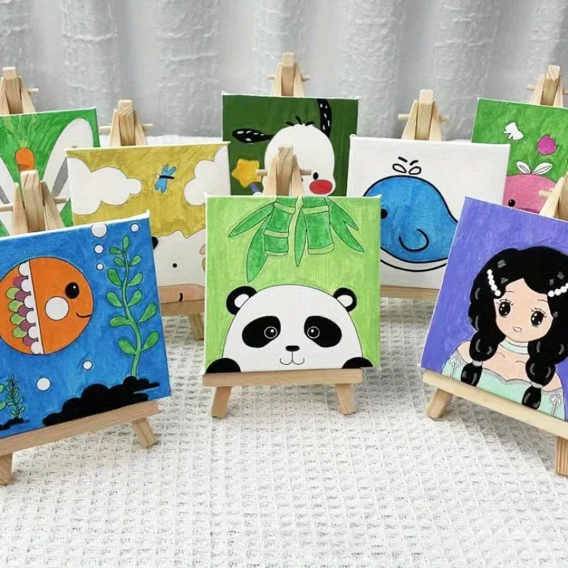 Canvas Paint Set with Paint Tools DIY Painting Kit with Pre-Drawn Canvas + Mini Wooden Stands Kids School Children's Day Gifts