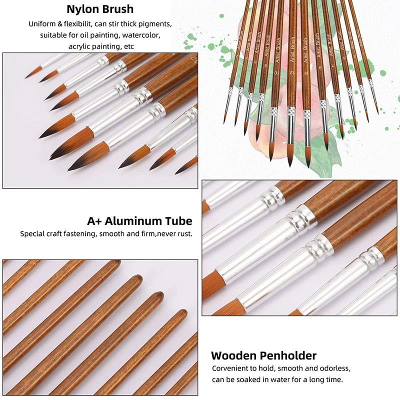 Premium 12-Piece Artist Paint Brush Set - Ultra-Durable Nylon Bristles for Acrylic, Watercolor, Oil & Body Painting