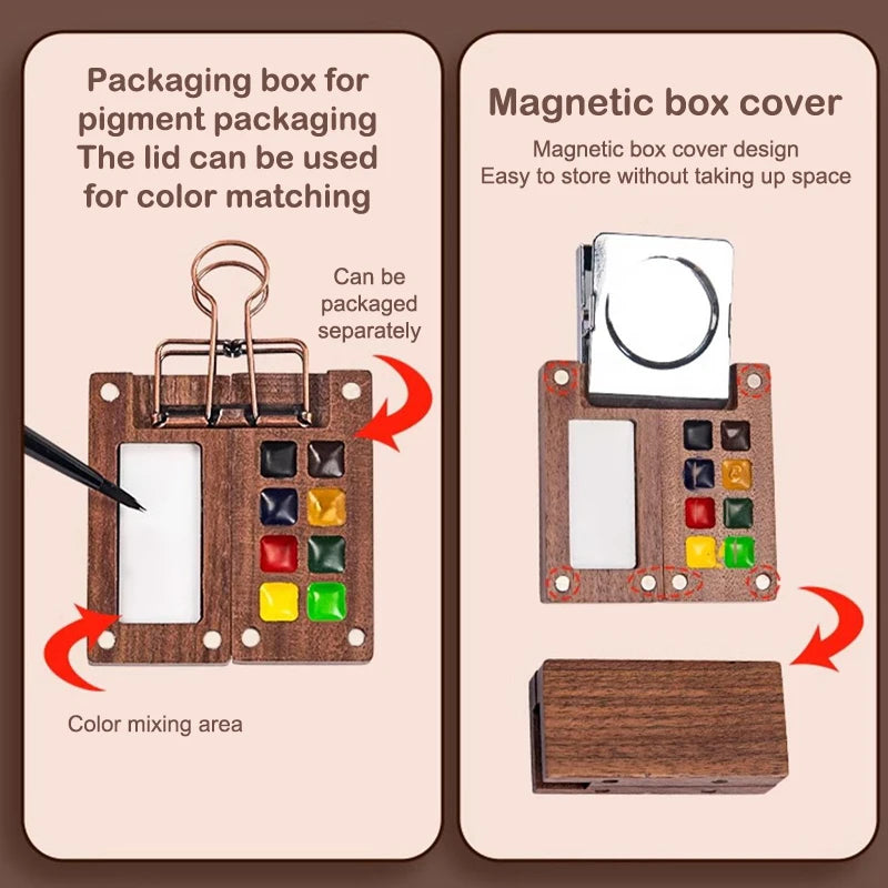Portable Artistic Palette in Walnut Wood for Watercolor Painting with Clip and Paint Box.