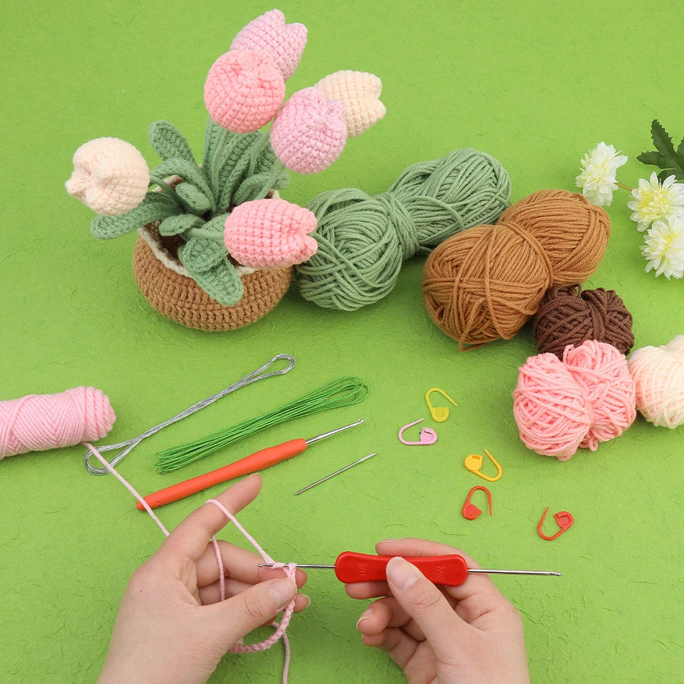 KRABALL Crochet Flower Kit for Beginners With Instruction Knitting Yarn Thread Hook Needles Easy Knit Accessories Set DIY Craft