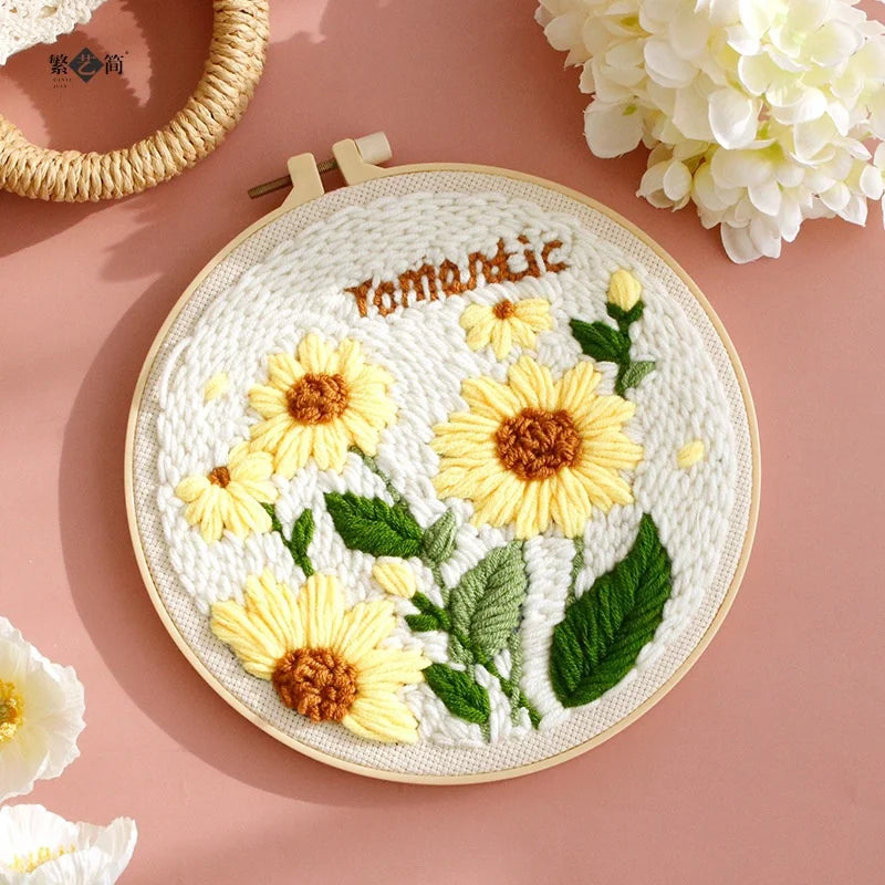 DIY Embroidery Kits For Beginner Craft Punch Needle Set Rug for Starter Kits with Stamped Sunflower Pattern Fabric Yarn Hoop