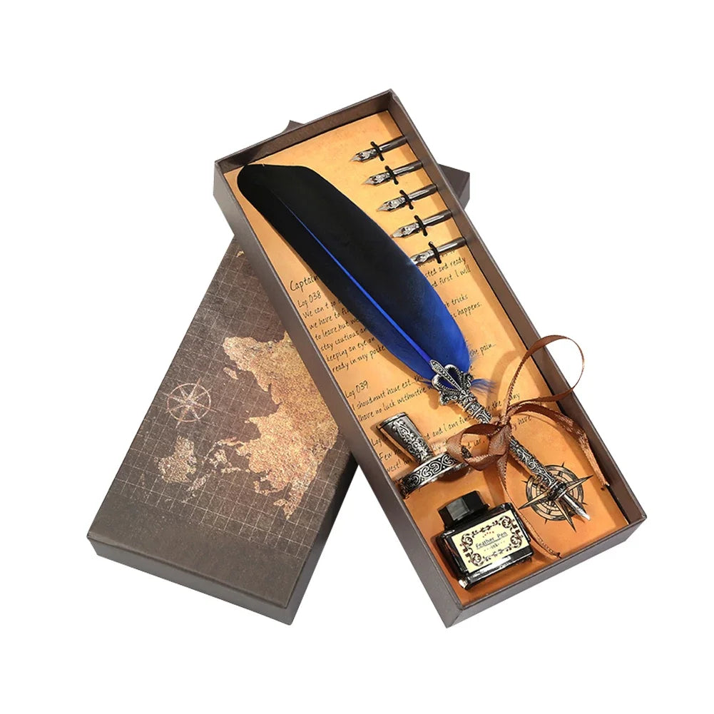 Retro Feather Pen Writing Ink Set Stationery Exquisite Feather Dip Pen Stamp Set Art Supplies Crafts Gifts for Student DIY
