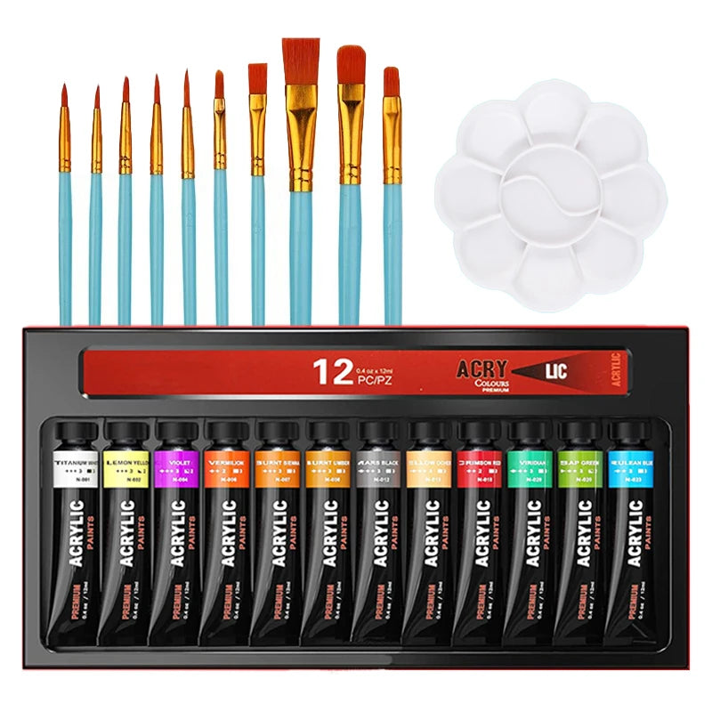Professional Acrylic Paint Set 12/24 Colors 12ml/Tube Fabric Paint Waterproof Pigment Painting Set With Brush&Palette