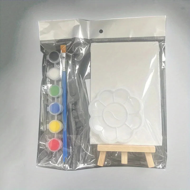 Canvas Paint Set with Paint Tools DIY Painting Kit with Pre-Drawn Canvas + Mini Wooden Stands Kids School Children's Day Gifts