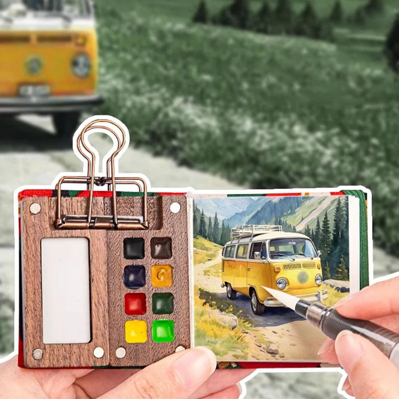 Portable Artistic Palette in Walnut Wood for Watercolor Painting with Clip and Paint Box.