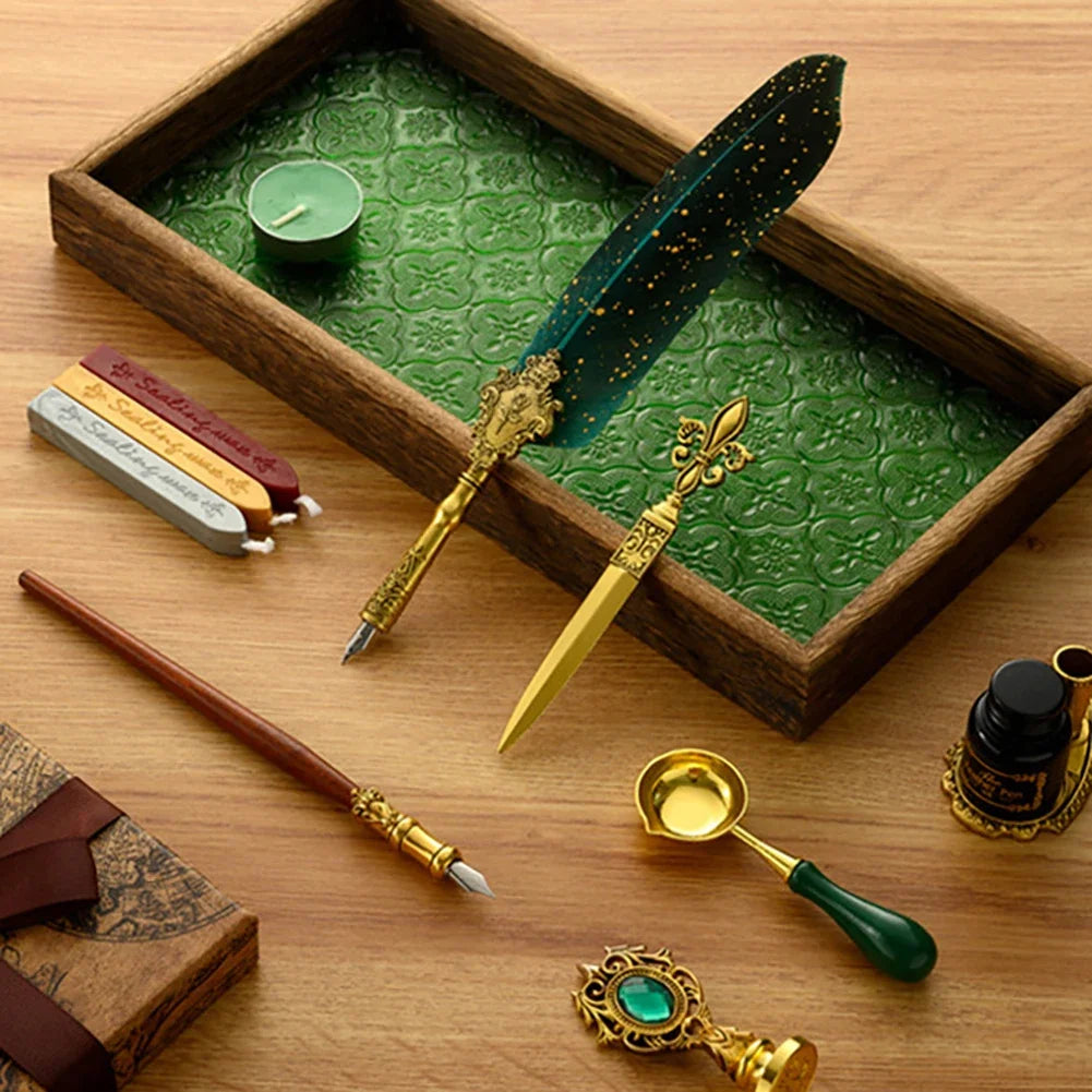 Retro Feather Pen Writing Ink Set Stationery Exquisite Feather Dip Pen Stamp Set Art Supplies Crafts Gifts for Student DIY