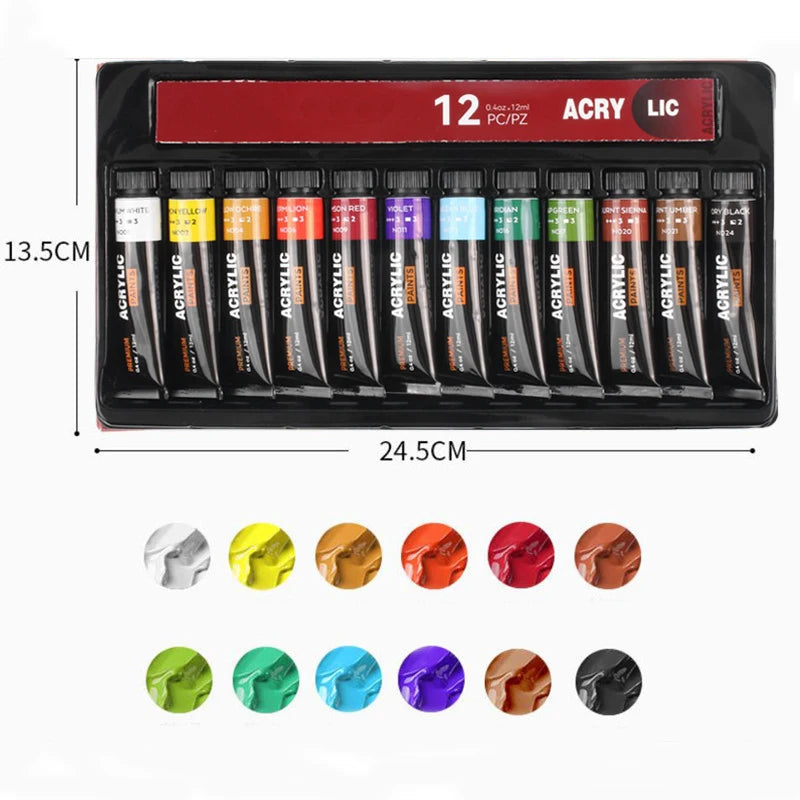 Professional Acrylic Paint Set 12/24 Colors 12ml/Tube Fabric Paint Waterproof Pigment Painting Set With Brush&Palette