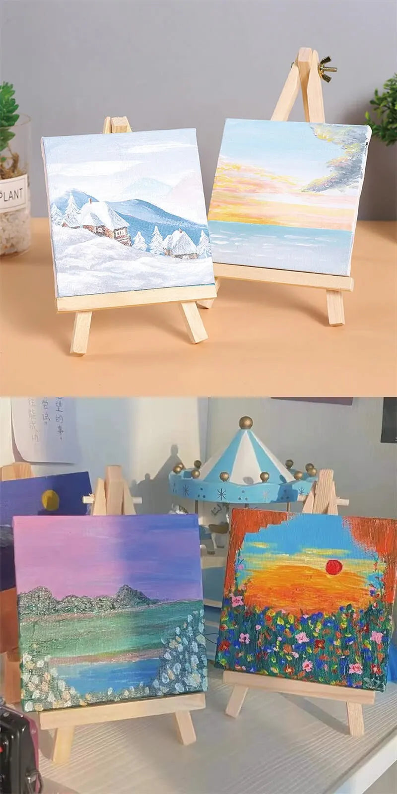 2 Sets Mini Canvas Panel Wooden Easel Sketch Pad Settings For Painting Crafts Drawing Decoration Gift Art Supplies