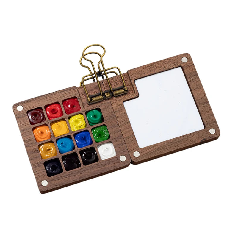 Portable Artistic Palette in Walnut Wood for Watercolor Painting with Clip and Paint Box.