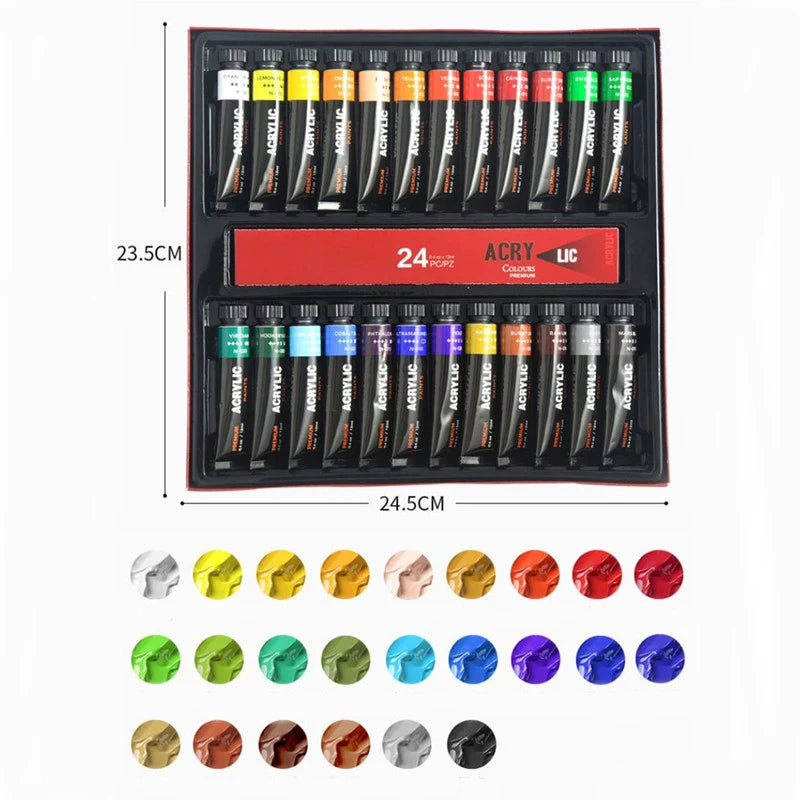 Professional Acrylic Paint Set 12/24 Colors 12ml/Tube Fabric Paint Waterproof Pigment Painting Set With Brush&Palette