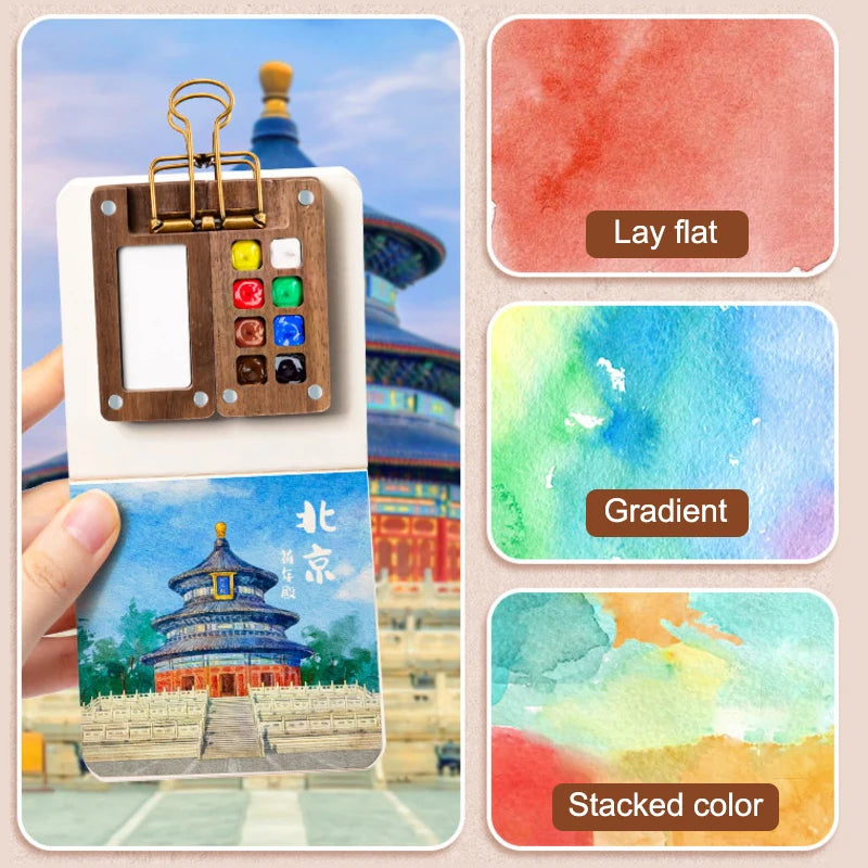 Portable Artistic Palette in Walnut Wood for Watercolor Painting with Clip and Paint Box.
