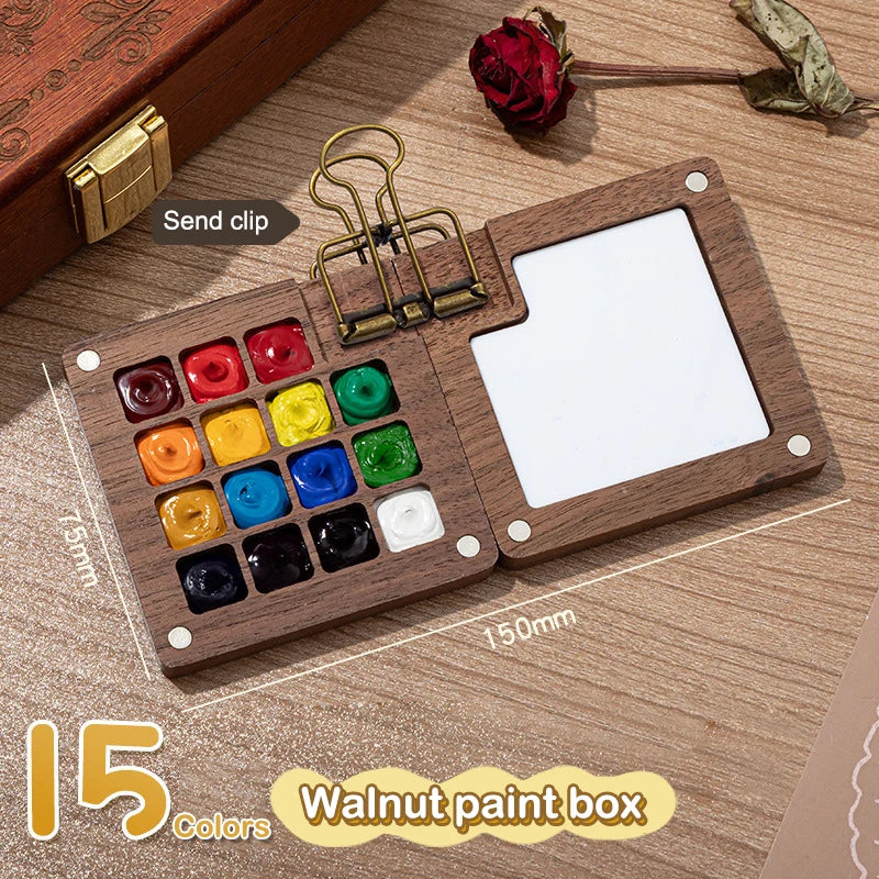 Portable Artistic Palette in Walnut Wood for Watercolor Painting with Clip and Paint Box.