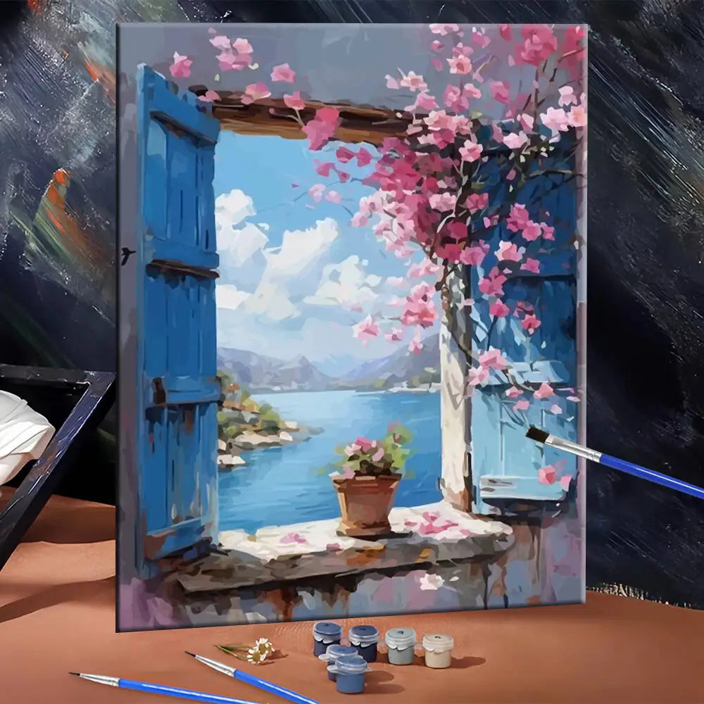 DIY Paint By Number Adult Kit Window Flower Digital Oil Painting Landscape Seaside Drawing On Canvas Wall Decor Living Room Gift