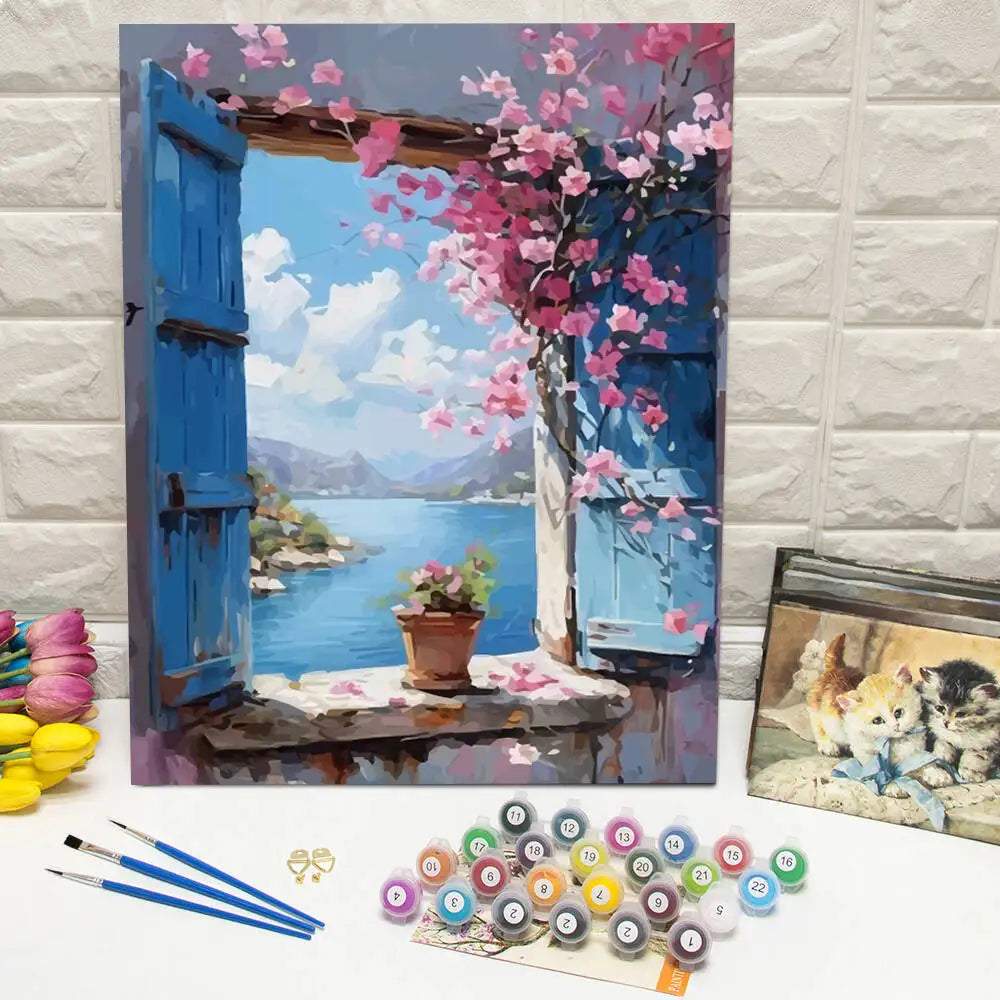 DIY Paint By Number Adult Kit Window Flower Digital Oil Painting Landscape Seaside Drawing On Canvas Wall Decor Living Room Gift