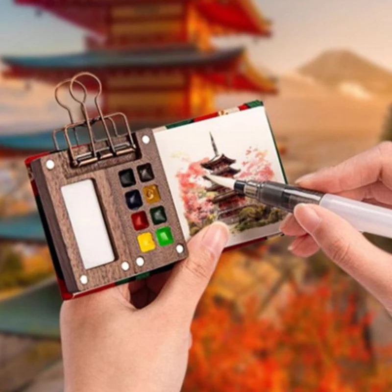 Portable Artistic Palette in Walnut Wood for Watercolor Painting with Clip and Paint Box.