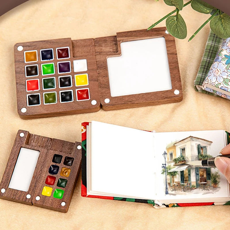 Portable Artistic Palette in Walnut Wood for Watercolor Painting with Clip and Paint Box.