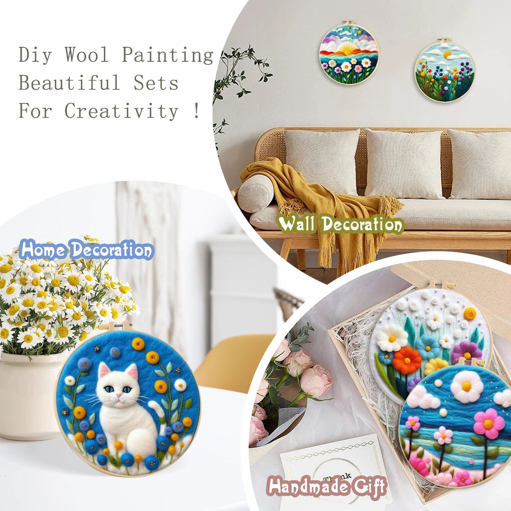 1 Pack Flowers Cat Pattern Diy Needle Felting Kit With Embroidery Hoop Complete Wool Craft Set With Tools Wool Craft Set Artwork