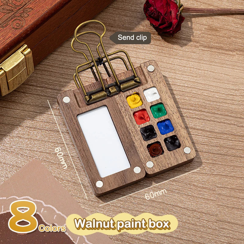 Portable Artistic Palette in Walnut Wood for Watercolor Painting with Clip and Paint Box.