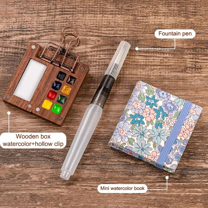 Portable Artistic Palette in Walnut Wood for Watercolor Painting with Clip and Paint Box.