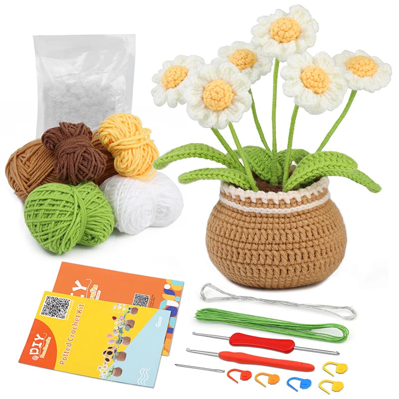 KRABALL Crochet Flower Kit for Beginners With Instruction Knitting Yarn Thread Hook Needles Easy Knit Accessories Set DIY Craft