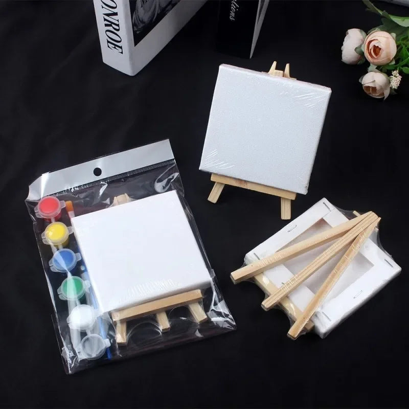 Canvas Paint Set with Paint Tools DIY Painting Kit with Pre-Drawn Canvas + Mini Wooden Stands Kids School Children's Day Gifts