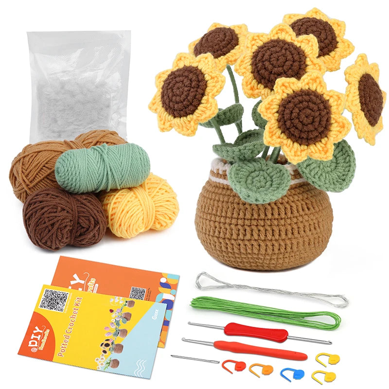 KRABALL Crochet Flower Kit for Beginners With Instruction Knitting Yarn Thread Hook Needles Easy Knit Accessories Set DIY Craft