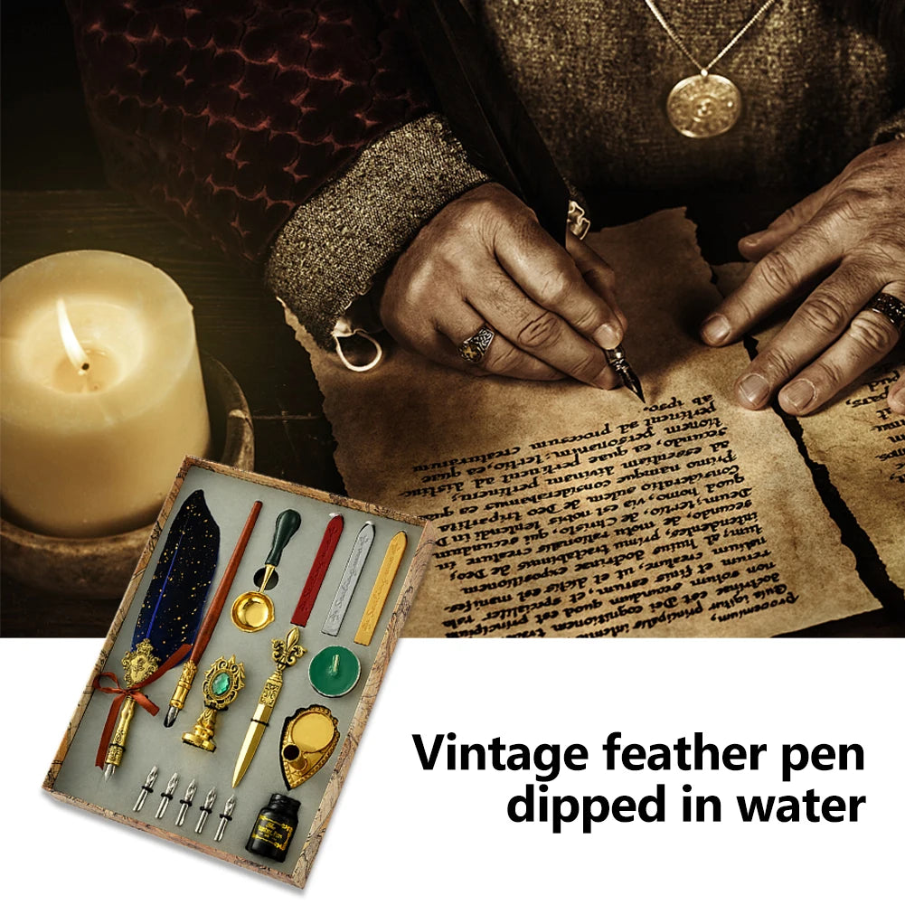 Retro Feather Pen Writing Ink Set Stationery Exquisite Feather Dip Pen Stamp Set Art Supplies Crafts Gifts for Student DIY