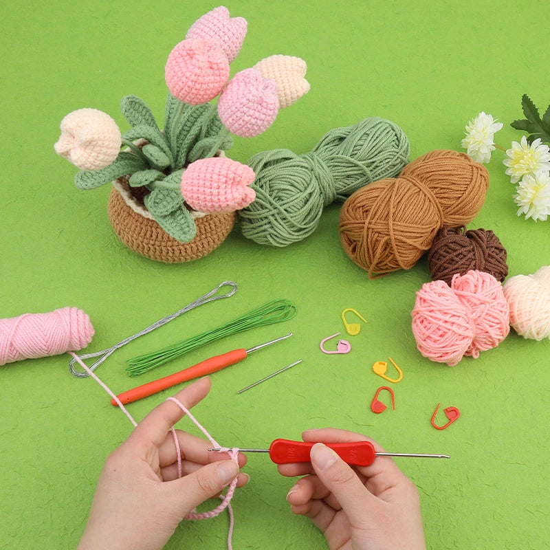 KRABALL Crochet Flower Kit for Beginners With Instruction Knitting Yarn Thread Hook Needles Easy Knit Accessories Set DIY Craft