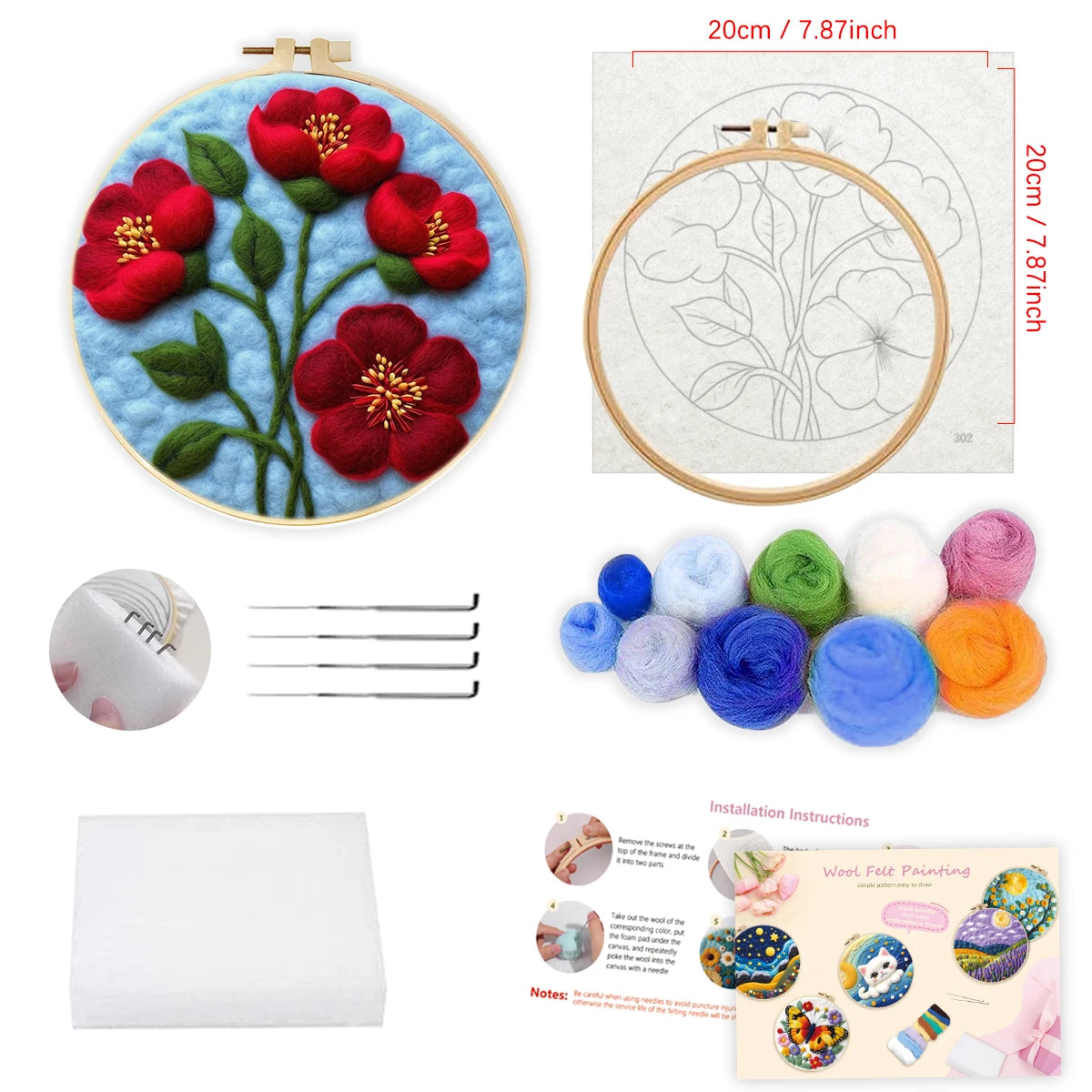 1 Pack Flowers Cat Pattern Diy Needle Felting Kit With Embroidery Hoop Complete Wool Craft Set With Tools Wool Craft Set Artwork
